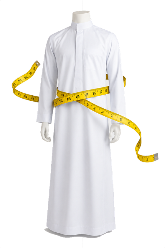 ثوب سعودي رجالي أبيض ملفوف حوله شريط قياس